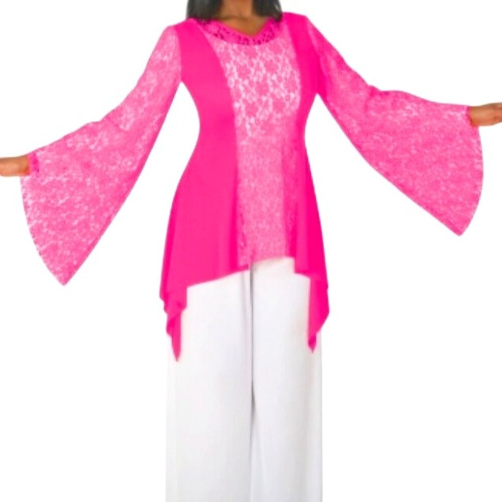 Body Wrappers Drapey Lace Panel Tunic Top Sparkly Rose Pink M #629 Praise Dance